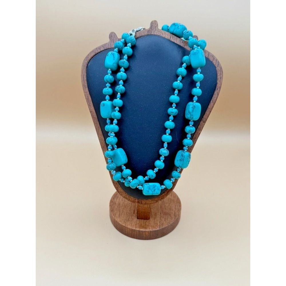 Double Strand Turquoise Color Stone Bead Necklace Chunky Southwestern Style
